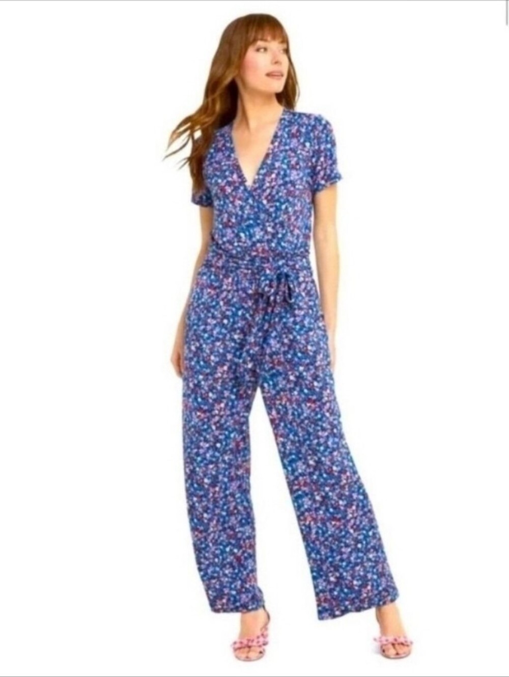 Draper James Womens Blue Floral Surplice V-Neck Smocked Waist Jumpsuit Size XS